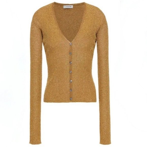 🥳🥂5 X HP🥂🥳 LANVIN METALLIC RIBBED-KNIT CARDIGAN IN GOLD - Picture 1 of 11